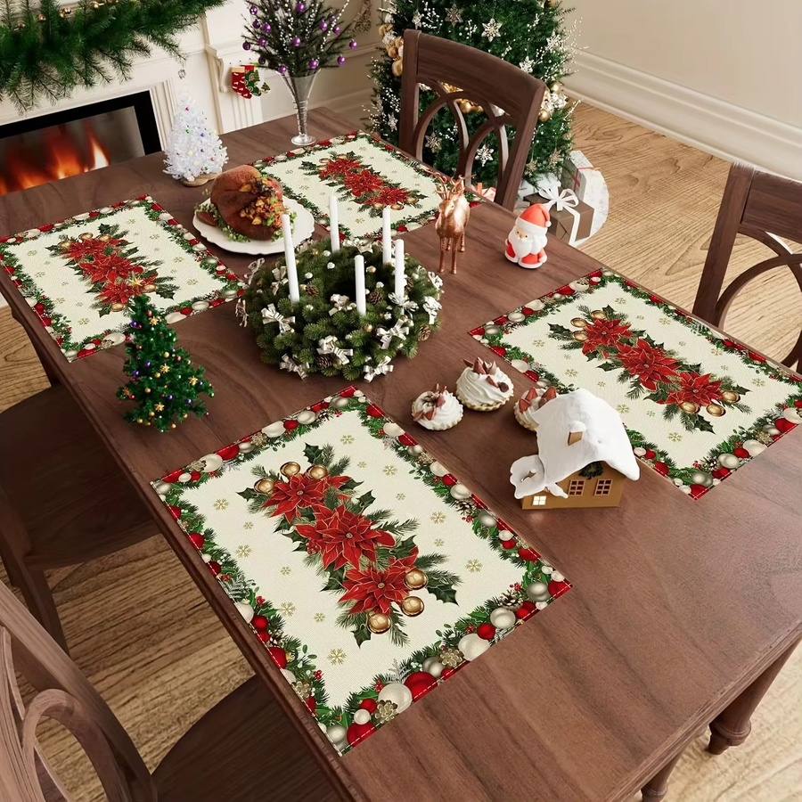 VIKAMA 4er Set dekorative Weihnachts-Tischsets mit floralem Design, wasserdicht und wärmeisolierend, rechteckig, Multicolour, B: 40,0 cm, T: 30,0 cm - Bild 3