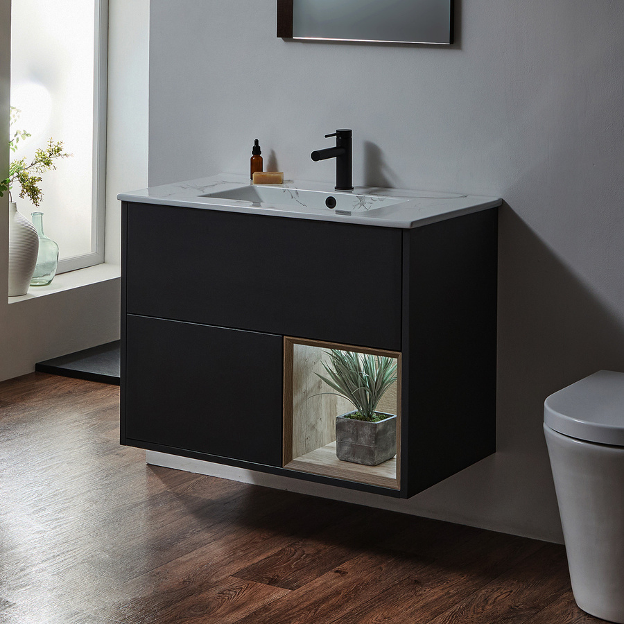 Hängender Waschtischunterschrank Hoxton mit Waschbecken in Marmor-Optik und LED-Beleuchtung, Schwarzgrau, Breite: 81,2 cm - Bild 1