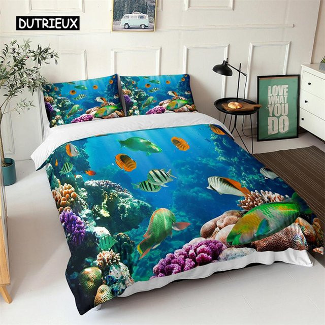 Binchi Outdoor Product Ozean Bettwäsche Set Blaues Meer mit Fischen, 3-teiliges Kinder Bettbezug Set aus Polyester mit 3D-Druck, Breite: 155 cm, Länge: 215 cm - Bild 1