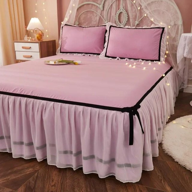 Super Six Bettwäsche-Set aus Baumwolle und Polyester im Vintage-Stil mit Chiffon-Spitze und Fliege, Farbe: Pink, B/T: 120 x 200 cm - Bild 1