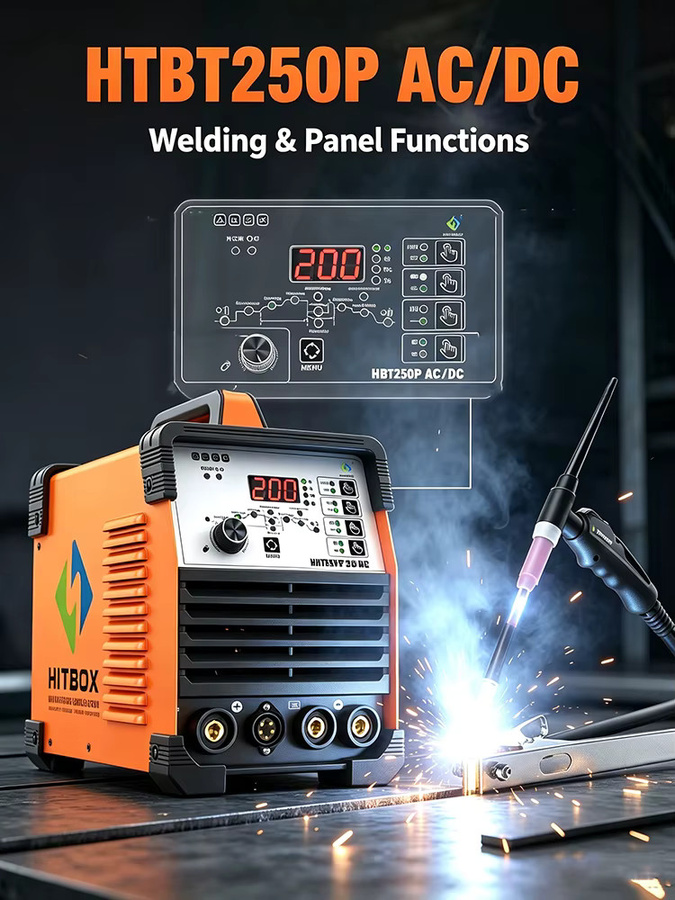 HITBOX 6-in-1 HF TIG Schweißgerät HBT250P AC/DC, Orange, 220V 200A, Aluminium-Schweißmaschine für MMA ARC Argon mit digitaler Puls-Funktion und Fußpedal-Unterstützung - Bild 6