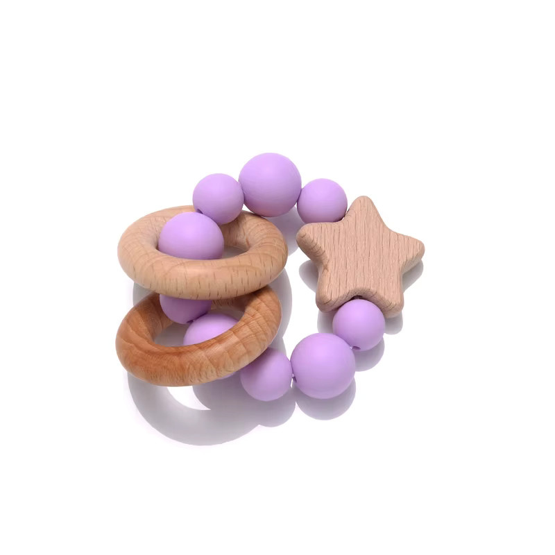Baby Armband Rasseln und Beißring aus Holz und Silikon in Sternform, Blau und Mehrfarbig, Unisex Spielzeug für Säuglinge und Kleinkinder - Bild 2