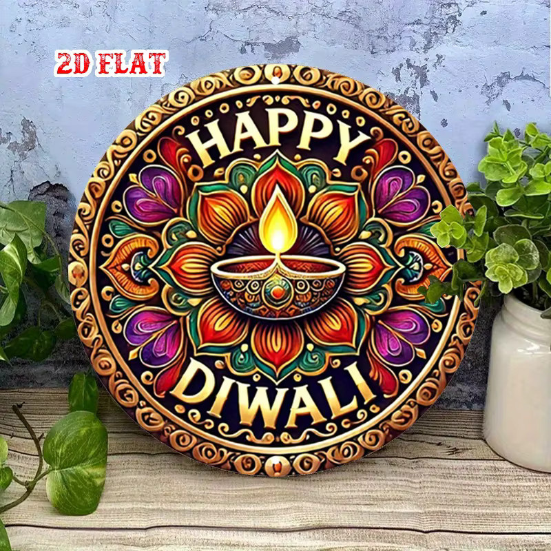 Potdemiel Happy Diwali Rundes Aluminiumschild mit Diya-Design und Mandala-Motiv, Mehrfarbig, Durchmesser: 19,99 cm - Bild 3