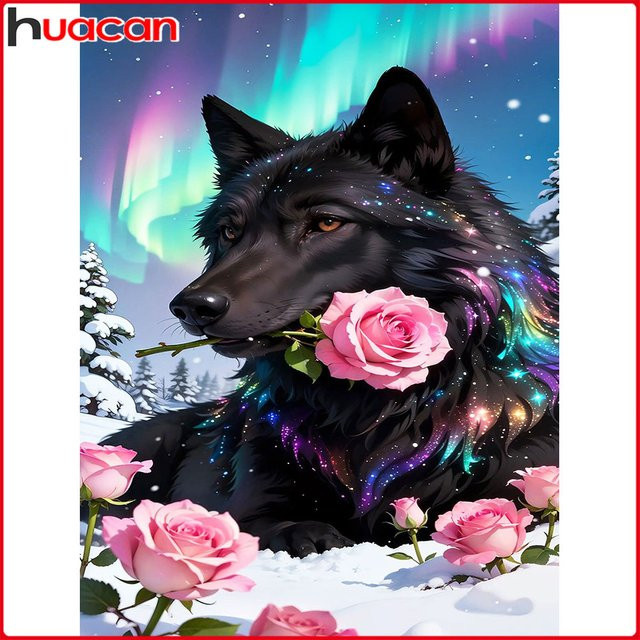 Huacan Volldiamantgemälde Wolf und Rosen als Diamantmosaik in Mehrfarbig, B/H: 30,0 x 20,0 cm - Bild 1