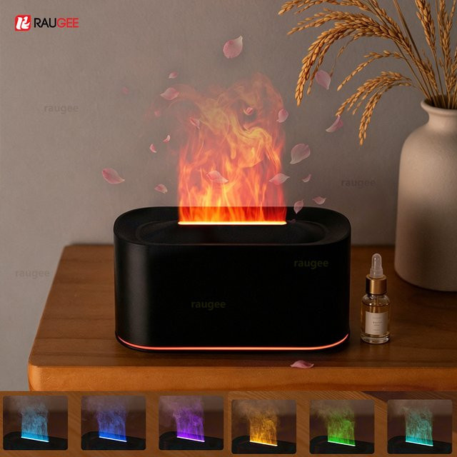 Raugee Aroma-Diffusor Flammen-Luftbefeuchter mit Farbwechsel-Licht in Schwarz - Bild 1