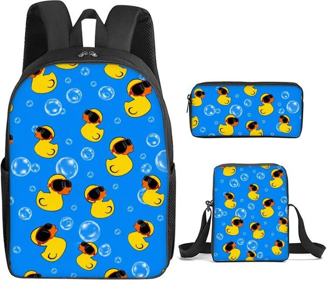 BAOERYE 3-teiliges Schultaschen-Set mit Rucksack, Umhängetasche und Federmäppchen mit gelbem Küken-Aufdruck in Schwarz, Blau und Gelb - Bild 1