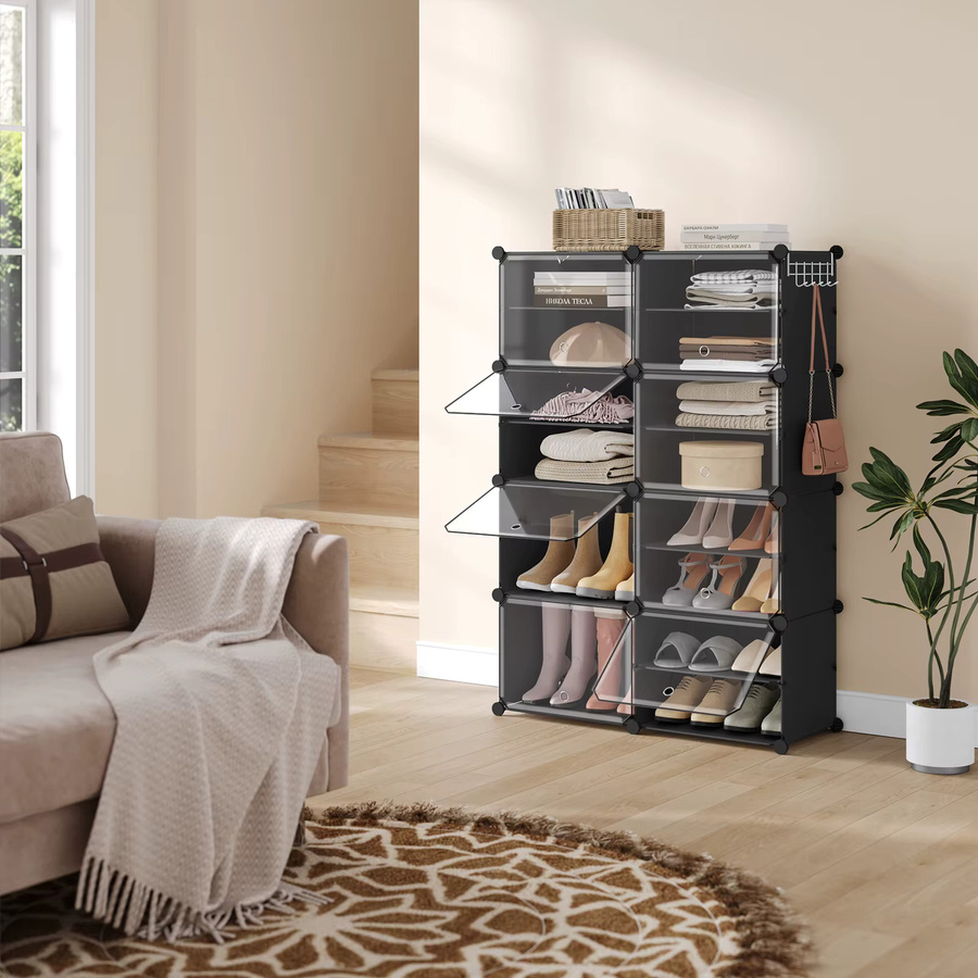 WOLTU Modularer Schuhschrank aus Kunststoff, Faltbarer Schuhwürfel-Aufbewahrungsorganizer mit Türhaken, Transparent/Weiß, B/T/H: 30 x 30 x 90 cm - Bild 5