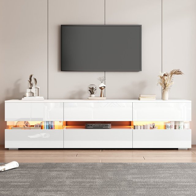Moderner Hochglanz-TV-Schrank PD1 in Weiß mit LED-Beleuchtung und Glaseinsatz, B/T/H: 160 x 45 x 39 cm - Bild 1