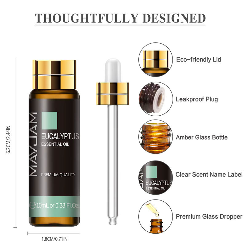 Mayjam Ätherisches Öl Set mit Tropfer, 10ml pro Flasche, verschiedene Düfte wie Eukalyptus, Lavendel und Rose, schwarze Glasflaschen - Bild 2