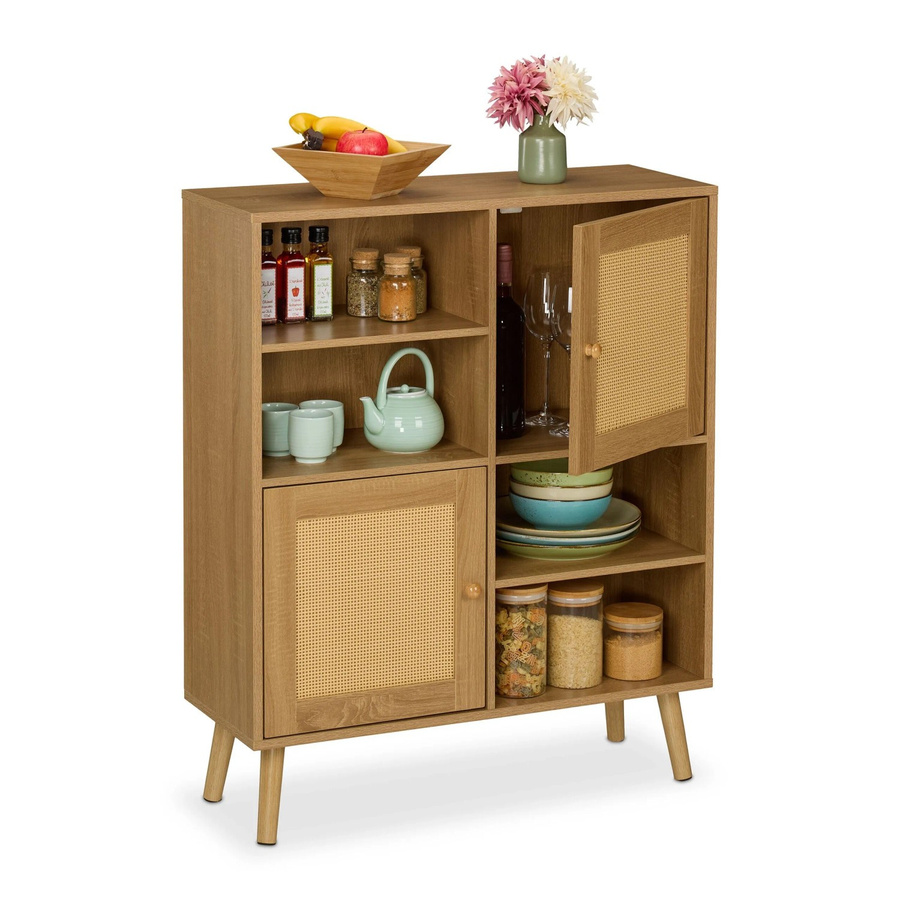 Relaxdays Sideboard aus Kiefernholz in Natur mit 2 Rattan-Türen, B/H/T: 97 x 80 x 29 cm - Bild 2