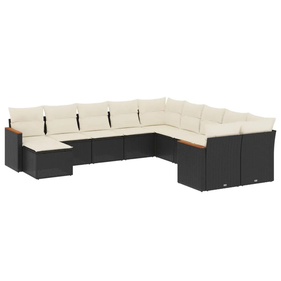 vidaXL 11-tlg Garten-Sofagarnitur in U-Form aus schwarzem PE-Rattan mit cremeweißen Kissen und pulverbeschichtetem Stahlgestell - Bild 2