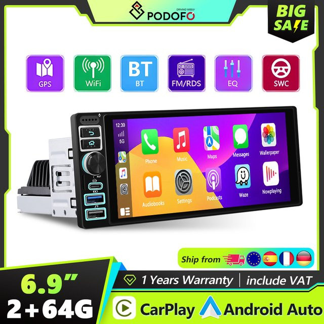 Podofo Android 6,9 Zoll 1 DIN Auto-Multimediaplayer mit CarPlay, Android Auto, GPS-Navigation und Mirror Link in Schwarz - Bild 1