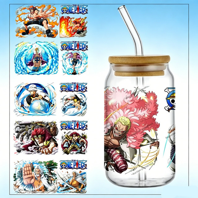 Bandai One Piece Anime UV-DTF Sticker Set, wasserdichte 3D-Transfer Aufkleber für 16oz Becher, Mehrfarbig - Bild 1