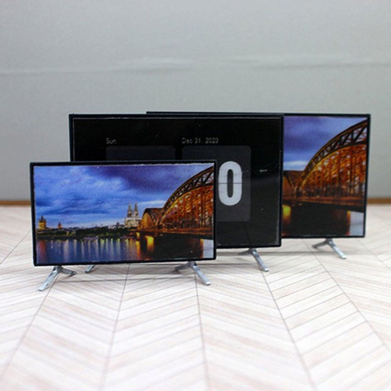 Miniatur Fernseher mit Standfuß in Schwarz aus Kunststoff für Puppenhaus und Wohnzimmer Dekoration - Bild 1