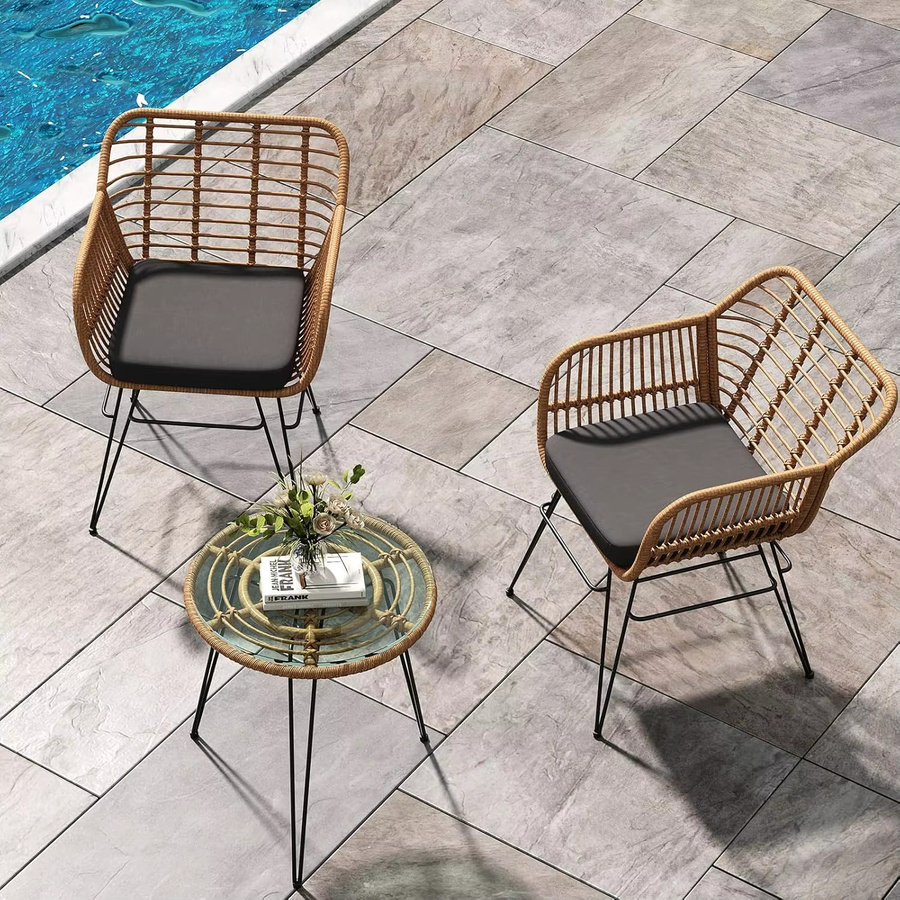 HiMISS 3-teiliges Rattan-Bistro-Set mit Tisch und Glasplatte sowie 2 gepolsterten Sesseln in Gelb und Schwarz - Bild 2