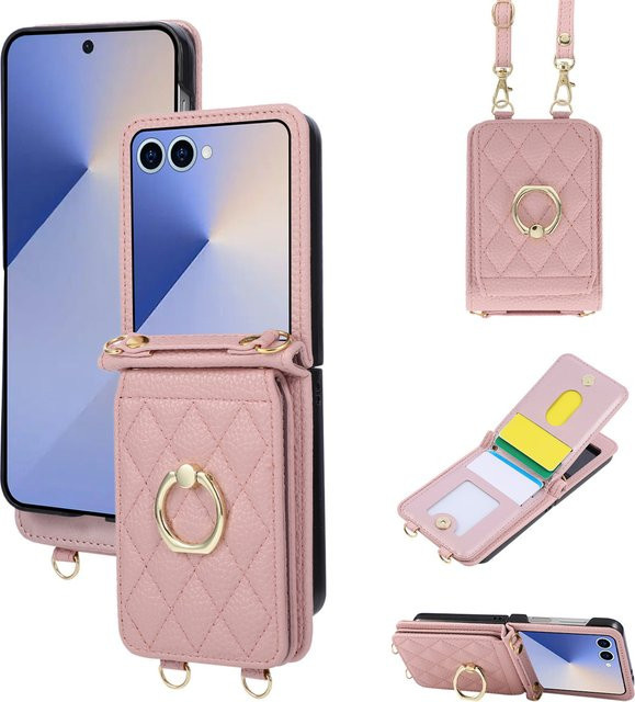 Leder Umhängetasche mit Ringhalter und Brieftasche als Handyhülle für Samsung Galaxy Z Flip 7 6 5 4 3 und FE in Beige oder Pink - Bild 1