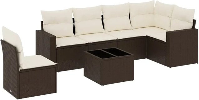 vidaXL 7-teilige Garten-Sitzgruppe aus Polyrattan in Braun mit L-Form und wetterfesten Kissen - Bild 1