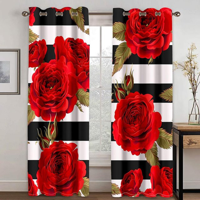 Yiran Furniture Moderne Vorhänge mit Hochzeits-Paar Motiv in Schwarz, Gold und Rot, 2 Paneele, Semi-transparent, B: 100 cm, H: 130 cm - Bild 1