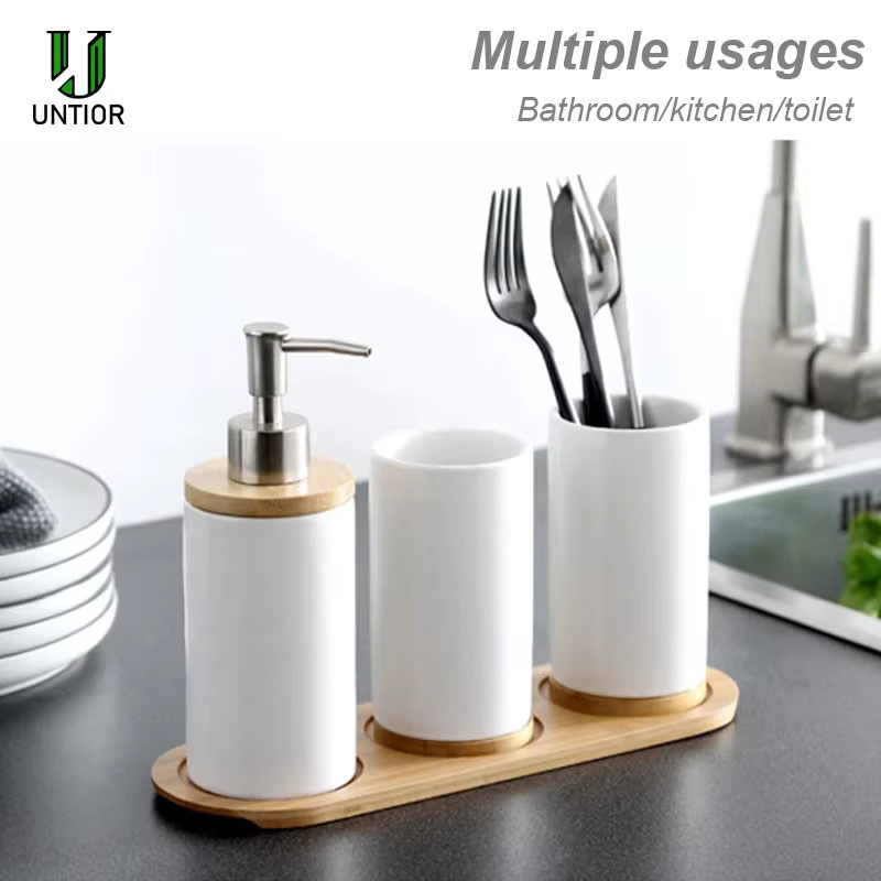 Untior Badezimmer Zubehör Set aus Keramik mit Seifenspender, Zahnbürstenhalter und Tumbler in Grau und Weiß - Bild 4