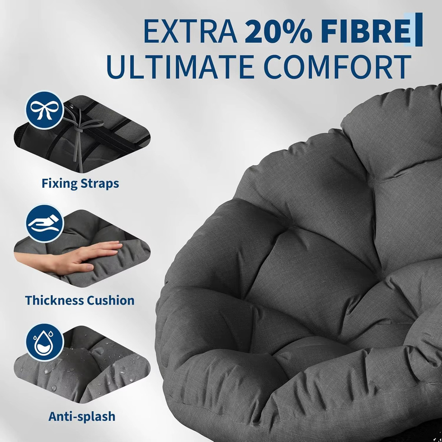 HiMISS Ergonomischer Papasan-Stuhl aus Korbgeflecht mit weichem Stoffkissen und 360 Grad drehbarer Basis, Grau - Bild 4