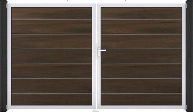 GroJa Grande Steckzaun Tor Premium DIN Rechts EV1 Doppel-Tor in Walnuss aus Aluminium und BPC - Bild 1