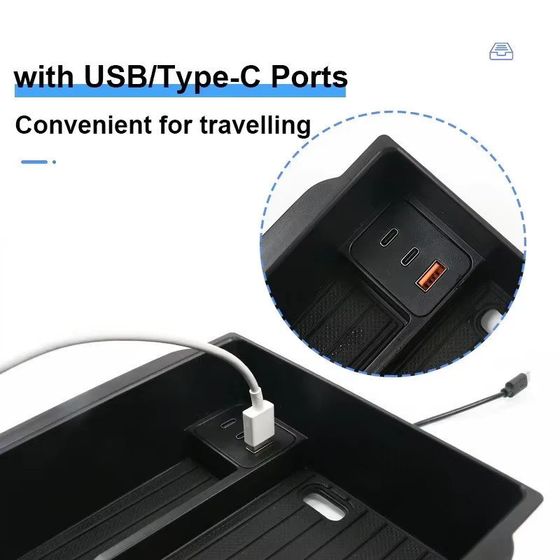 Beworth Mittelkonsole Armlehnen-Aufbewahrungsbox für Tesla Model Y Juniper 2025 und Highland mit USB Typ-C Ladehub und Brillenclip, Schwarz - Bild 3