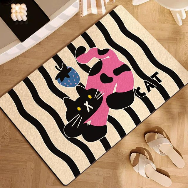 Wasserdichte und rutschfeste Kieselgurmatte mit Cartoon-Katzen-Motiv in Weiß, B/B: 40 x 60 cm - Bild 1