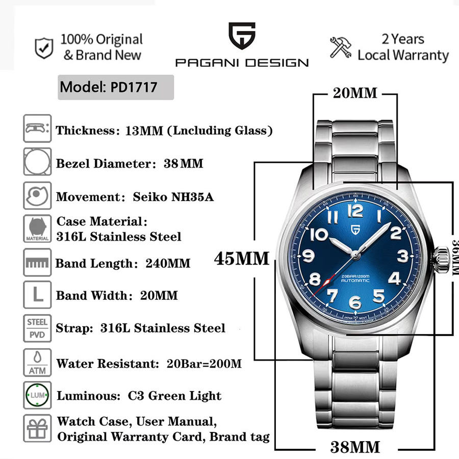 Pagani Design Armbanduhr, Automatik, Edelstahl, Saphirglas, 38 mm, Herren - Bild 3