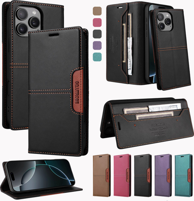 Magnetische Business Flip Wallet Ledertasche für iPhone 16 15 14 13 12 11 in Schwarz mit Kartenfach - Bild 1