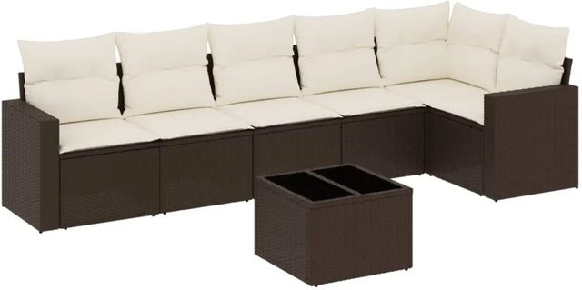 vidaXL 7-teilige Garten-Sitzgruppe in L-Form aus Polyrattan mit Kissen in Braun - Bild 1