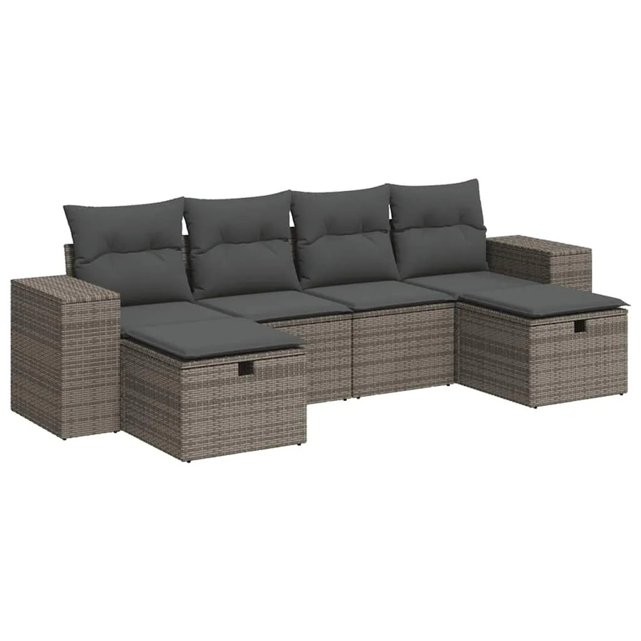 vidaXL 6-tlg Garten-Sofagarnitur in L-Form aus Poly Rattan und Metall in Grau mit Kissen und Ottoman - Bild 2