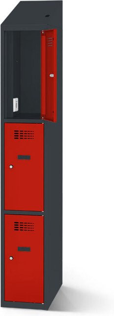 rotstahl Fächerschrank mit 3 Fächern und Ladefunktion, Farbe Rot, Korpus Anthrazitgrau, B: 30 cm, H: 200 cm - Bild 1