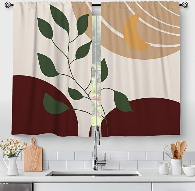 Yiran Furniture Vorhangset mit Blättern und nordischem geometrischem Aufdruck, 2 Paneele, halbtransparent, Mehrfarbig, B: 100 cm, H: 230 cm - Bild 1