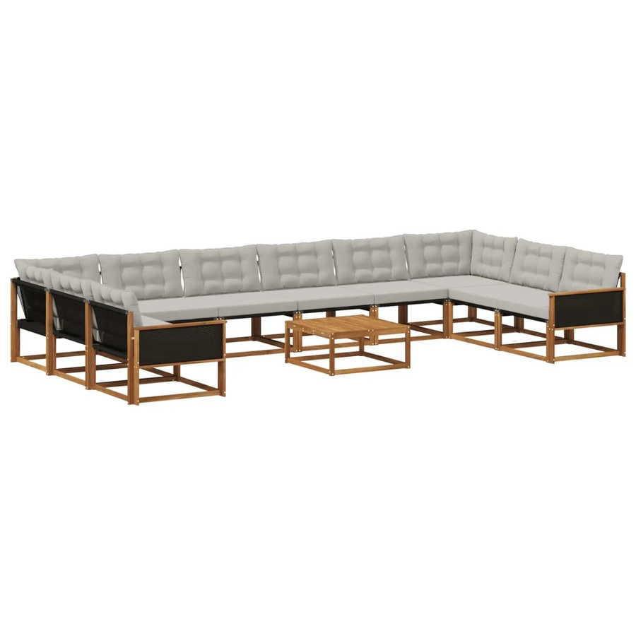 vidaXL Outdoor-Sofagarnitur in U-Form aus massivem Akazienholz mit Textilene und Kissen, Hellgrau - Bild 2