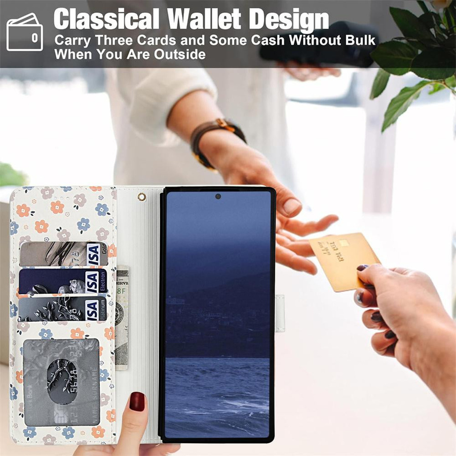 Samsung Galaxy Z Fold 5 4 6 7 5G Klapphandyhülle aus weißem Leder mit buntem Blumenmuster, Geldbörse und Handschlaufe, stoßfeste Schutzhülle Case mit Strap - Bild 4