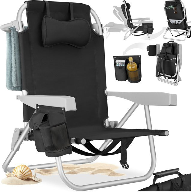 tectake Aluminium Strandstuhl Schwarz, klappbar mit Rucksackfunktion, 5-fach verstellbarer Rückenlehne, Kopfpolster, Kühltasche und Aufbewahrungstasche, B/T/H: 101 x 63 x 78 cm - Bild 1