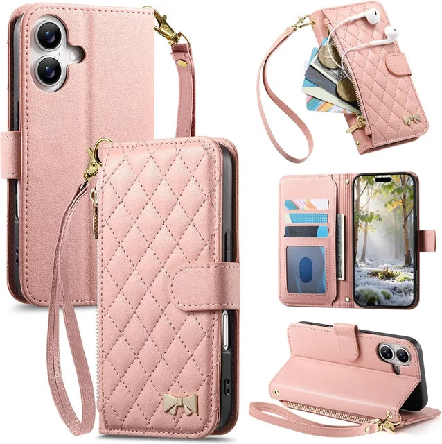 Apple iPhone Flip Leder Handyhülle mit Handgelenkschlaufe und Kartenfächern in Pink - Bild 1