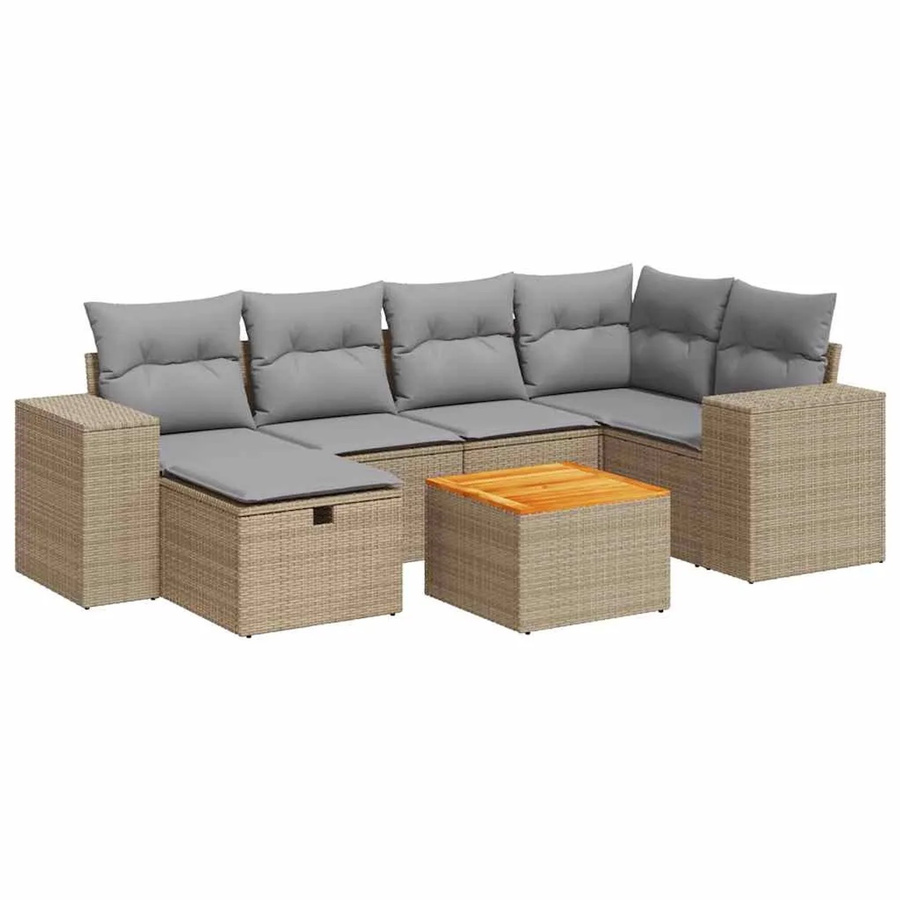 vidaXL 7-teilige Garten-Sofagarnitur in L-Form mit Kissen und Tisch, Beige, Poly-Rattan und pulverbeschichtetem Stahl - Bild 2