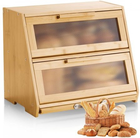 VEVOR Doppellagiger Brotkasten aus Bambus und Holz mit Acryl-Tür in Braun, B/T/H: 39,0 x 32,0 x 26,0 cm - Bild 1