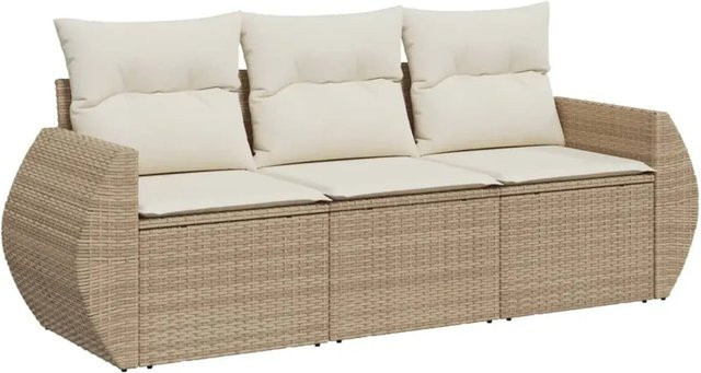 vidaXL 3-tlg Garten-Sofagarnitur aus PE-Rattan in Beige mit Kissen und pulverbeschichtetem Stahlgestell - Bild 1