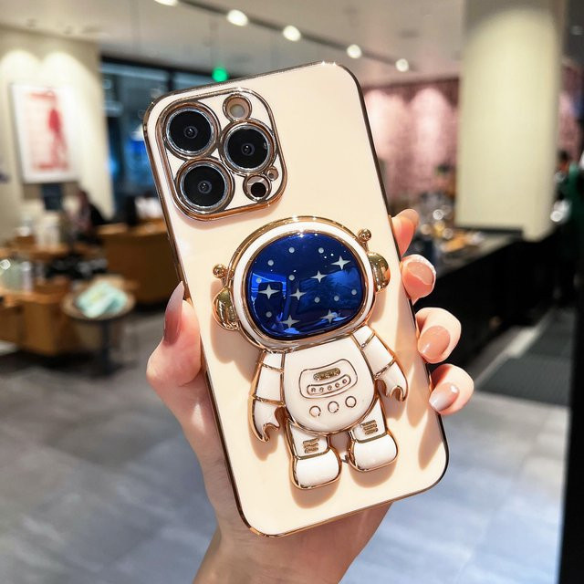 Luxus Star Astronaut Handyhülle mit Standfunktion für iPhone 11 12 13 14 15 Pro Max X XR XS SE 7 8 Plus in Beige - Bild 1