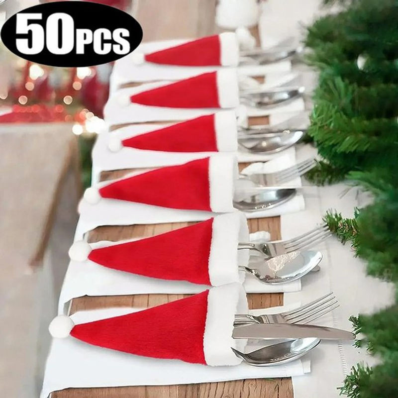 50 Stück Weihnachts-Mützen als Tischdekoration in Rot für Besteck und Geschenke - Bild 1