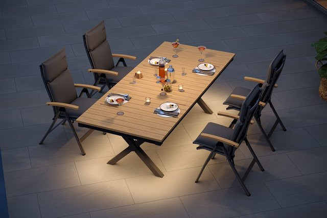 OUTFLEXX Luminara Garten-Essgruppe mit LED-Beleuchtung in Anthrazit Matt und Natur, bestehend aus einem Tisch und 4 Klappstühlen inklusive Auflagen, B/T: 240 x 100 cm - Bild 1