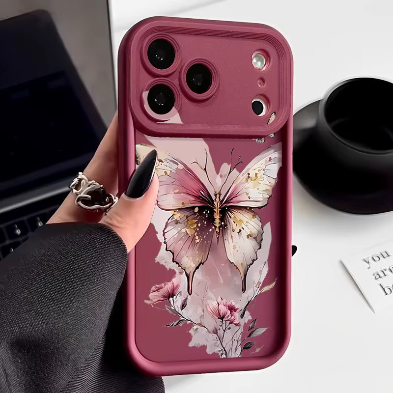 Stoßfeste Silikon-Handyhülle mit rosa Schmetterlingsdruck für Apple iPhone 17 Pro Max, 16, 15, 14, 13, 12 Pro Max und 16 Plus - Bild 2