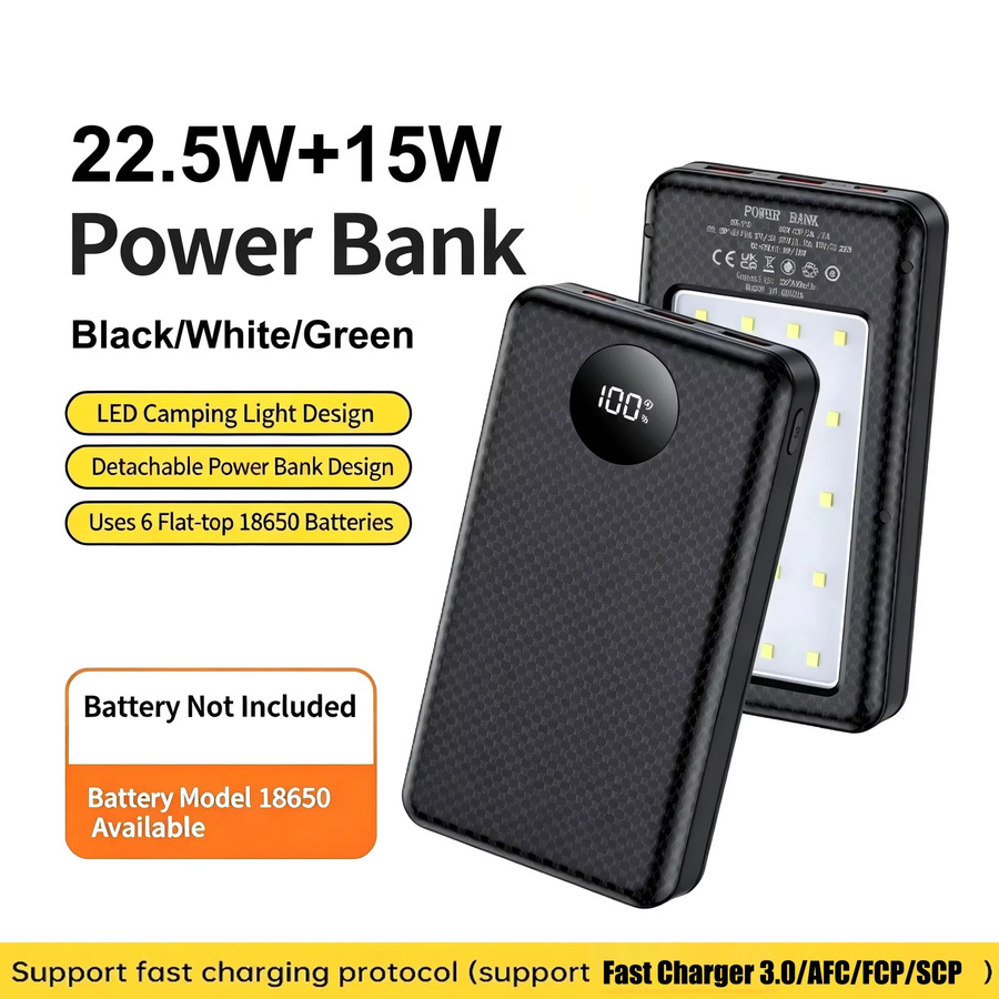 KEBIDUMEI 18650 Batterie-Powerbank mit 22,5 W + 15 W Schnellladefunktion, Dual USB Typ C Ladehülle mit Campinglicht, Schwarz - Bild 1