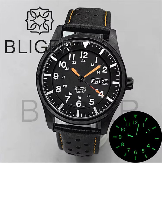 BLIGER Armbanduhr Automatik, Edelstahl, 42 mm, Grün, Leder, Herren - Bild 2