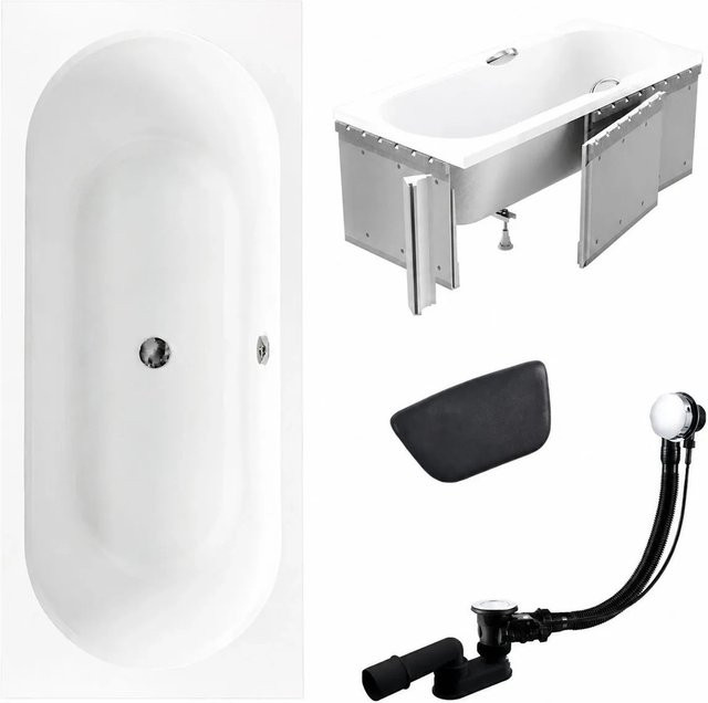 KOLMAN Badewanne Rechteck aus Acryl in Weiß mit Styroporverkleidung, Kopfstütze, Ablauf und Füßen, B/T: 150 x 75 cm - Bild 1