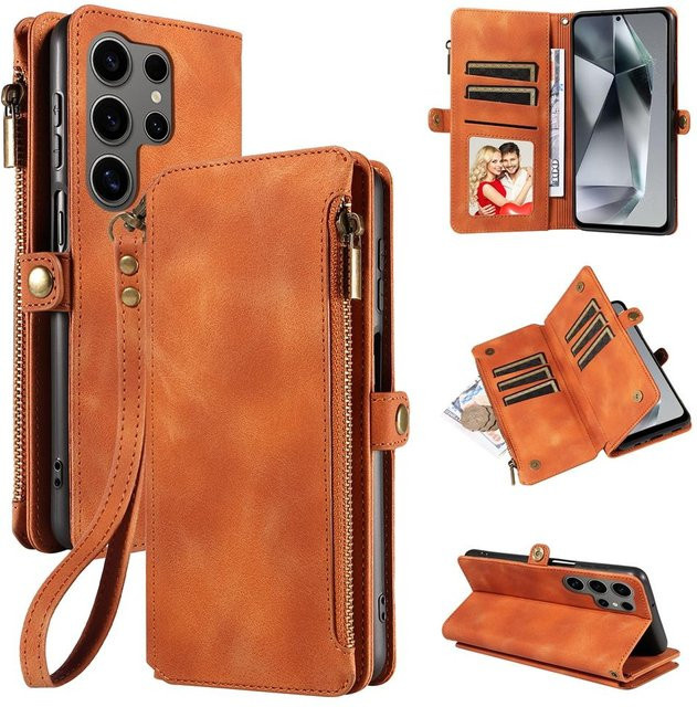 Lederhülle mit Reißverschluss und Riemen für Samsung Galaxy S26 S25 Ultra S24 Plus S23 FE S22 Plus in Braun mit Kartenfach und Geldtasche - Bild 1
