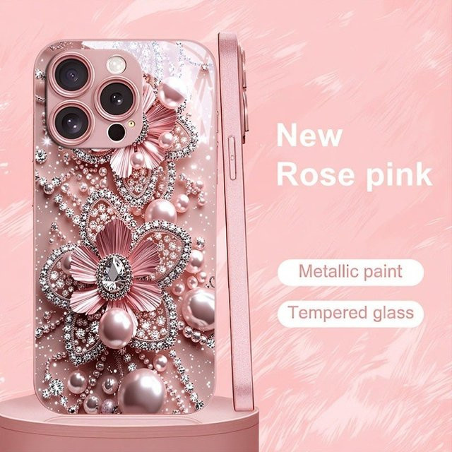 Handyhülle aus gehärtetem Glas mit Rosa Perle Diamant Blumenmuster für Samsung Galaxy A36 A26 A56 A16 A55 A15 A34 A25 A54 A40e A73 4G 5G - Bild 1
