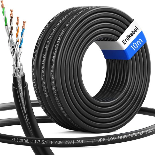 hb-digital CAT 7 Ethernet LAN Erdverlegekabel mit Doppelmantel, 10 m, Schwarz - Bild 1